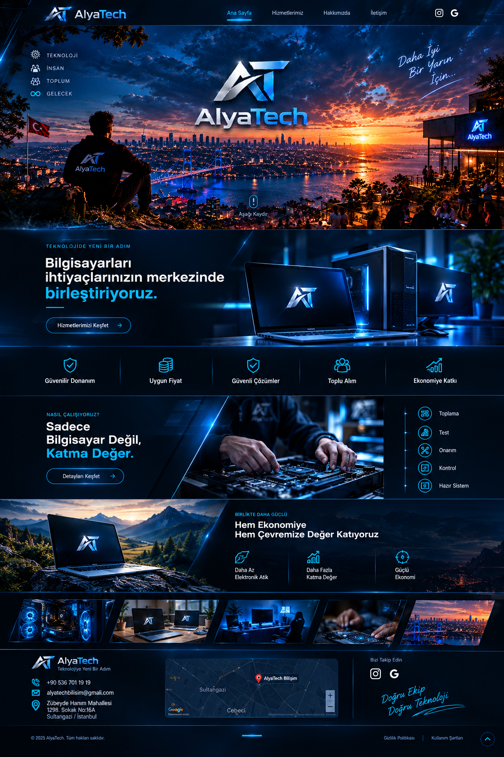 AlyaTech İstanbul manzaralı, lacivert ve neon mavi kurumsal web sitesi tasarımı